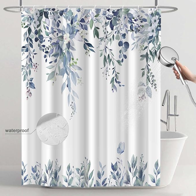 Blue Floral Eucalyptus Shower Curtain with Hooks, 72x78 Inch | Waterproof Fabric, Watercolor Leaves and Floral, Botanical Style, Machine Washable, Quick-Drying, for Hotel Bathroom