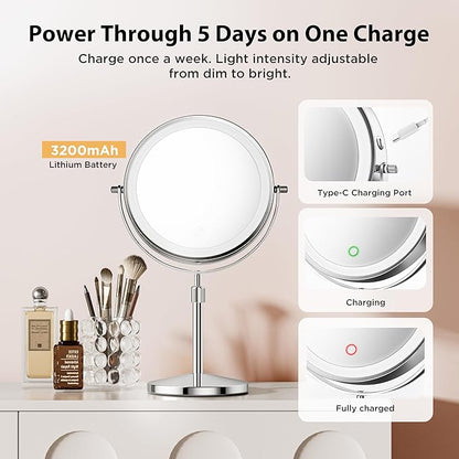 Double-Sided Makeup Mirror with Light, 1X/30X, 3 Colors, 3200mAh | 360° Rotating Mirror with Adjustable Brightness for Makeup, Skincare, and Vanity Use