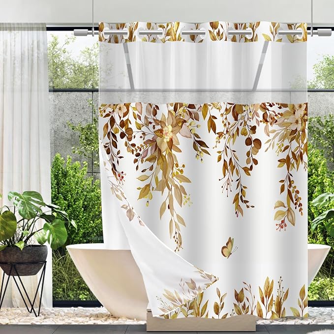 No Hook Shower Curtain and Liner Set, Yellow Eucalyptus 71x74 | Floral Design, with Snap in Liner, Waterproof, Machine Washable, Quick-Drying, for Hotel Bathroom