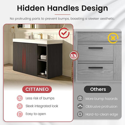 48" Bathroom Vanity with Sink, Freestanding Single Sink Bathroom Vanity with White Engineered Stone Top & Open Side Storage, Soft-Closing Doors with Adjustable Shelf, Smoked Oak Brown