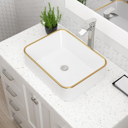 Dcolora Vessel Sink Rectangular 19"x15" White Vessel Sink with Gold Rim Ceramic Porcelain Rectangle Bathroom Sink Above Counter Vanity Sink Basin