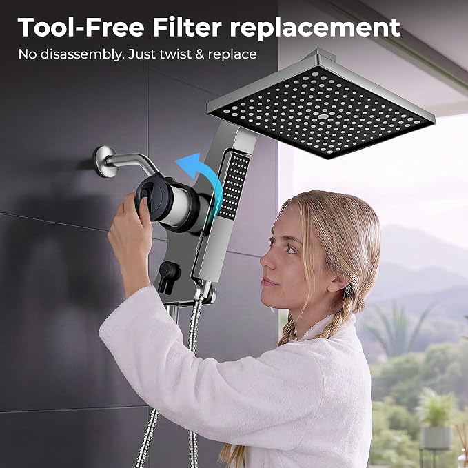MakeFit Filtered Rain Shower Head with Handheld Combo High Pressure 12'' Rainfall Shower Heads & Hidden Detachable Wand Dual Showerhead Water Softener for Hard Water Easy Filter Replacement