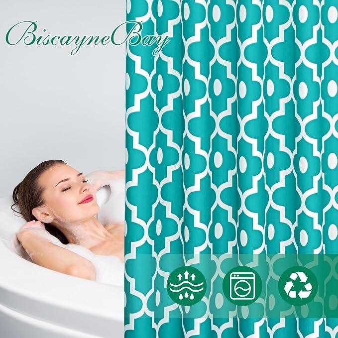 Fabric Modern Extra Long Shower Curtains for Bathroom-Turquoise and White | 72"W x 84"L Textured Faux Linen Elegant Classic Moroccan Bath Decor-Hotel Quality Transitional Washable & Breathable Cloth
