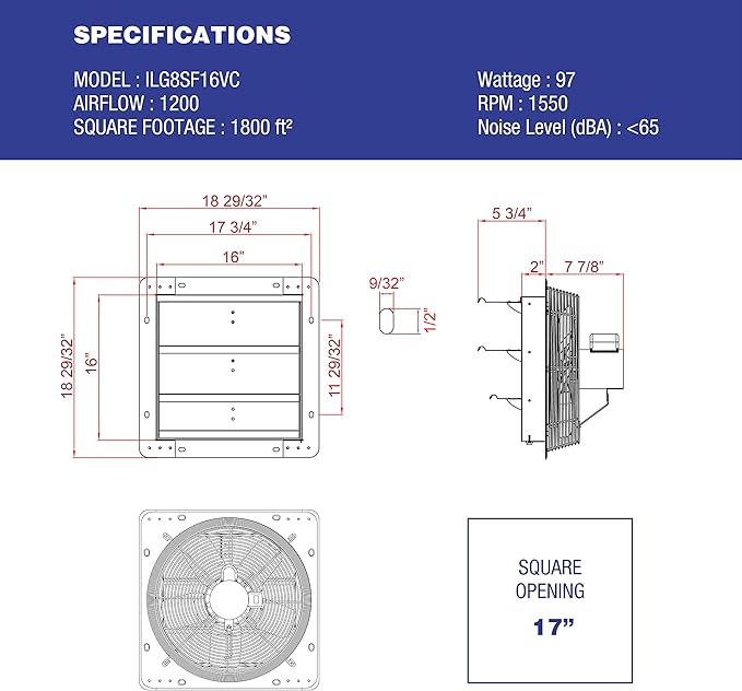 iLIVING ILG8SF16VC Shutter Mount Exhaust Fan, Silver