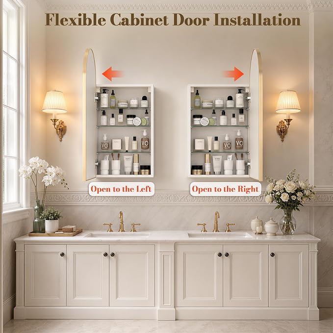 FKWin Gold Medicine Cabinet Mirror, Wall-Mounted Mirror Cabinet, 16x32 Inch | Medicine Cabinets for Bathroom, Easy Install, Adjustable Shelves, Reversible Door, Apartment and Small Bathroom Upgrade