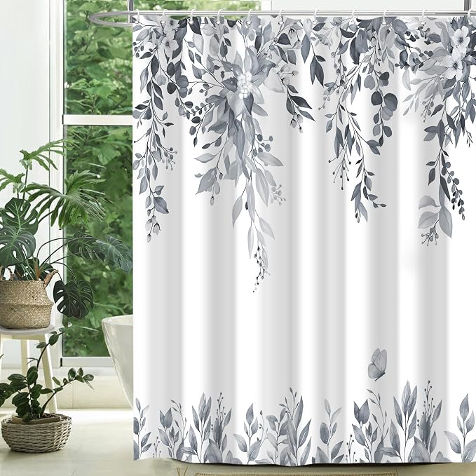 Light Grey Floral Eucalyptus Shower Curtain with Hooks, 72x84 Inch | Waterproof Fabric, Watercolor Leaves and Floral, Botanical Style, Machine Washable, Quick-Drying, for Hotel Bathroom