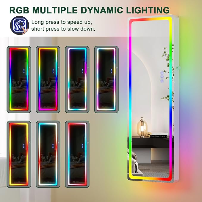 HNEBC Over the Door Jewelry Organizer with LED RGB Lights, 47.2" Full Length Mirror with Storage, Wall Mounted Jewelry Armoire, Hanging Mirror with 2 Drawers,Lokable,3 Shelves-White