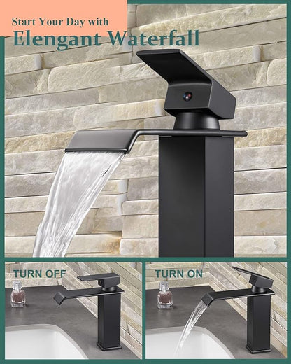 Matte Black Waterfall Bathroom Faucet – Single Hole 304 Stainless Steel Sink Faucet with Metal Pop-Up Drain, Low-Profile Design for Modern Vanities