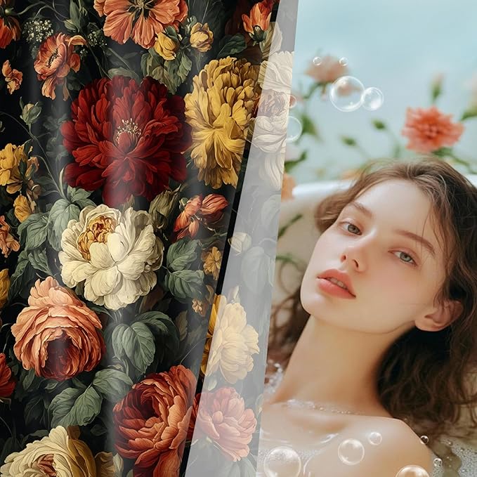 Vintage Dark Floral Shower Curtain for Bathroom, Moody Black Boho Botanical Flower Design Retro Farmhouse Fabric Bath Curtain with 12 Hooks, 72W x 78L Inches
