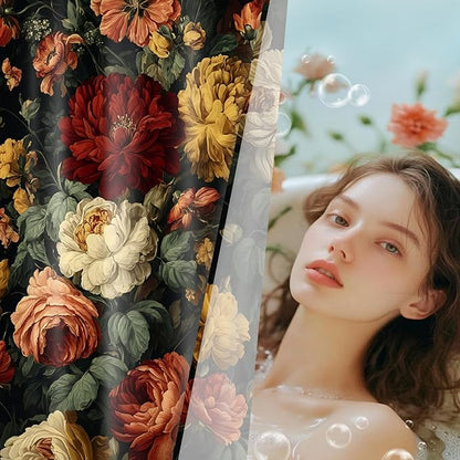 Vintage Dark Floral Shower Curtain for Bathroom, Moody Black Boho Botanical Flower Design Retro Farmhouse Fabric Bath Curtain with 12 Hooks, 72W x 78L Inches