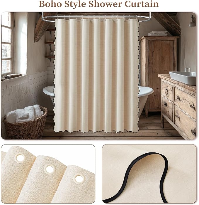 BTTN 84x72 Boho Scalloped Linen Textured Cloth Shower Curtain, Beige/Cream | Wide Size, 230GSM Waterproof Polyester, Heavy Duty Fabric, 14 Plastic Hooks, Elegant Modern Farmhouse Style, Machine Washable