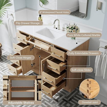 48-Inch Bathroom Vanity with Sink W/ 2 Doors & 8 Drawers & 1 Flip Drawer, Oak Vanity W/Brushed Nickel Handles