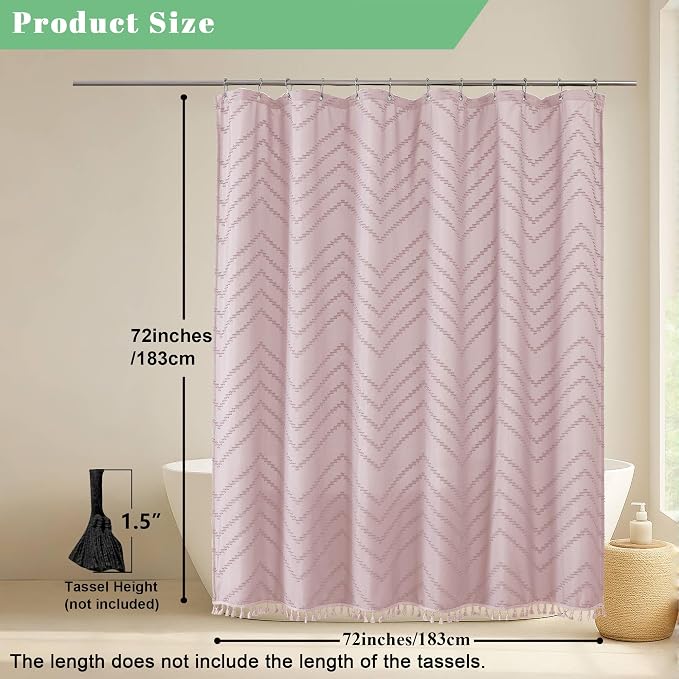 Boho Shower Curtain, Blush Pink Fabric Cloth Shower Curtains Farmhouse Tufted Chevron Striped Textured with Tassel for Bathroom, Soft Hotel Style Modern Minimalist, Machine Washable, 72x72