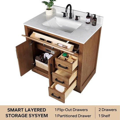 36-inch Dark Walnut Bathroom Vanity with Sink, Solid Wood, 0.79-inch Stone Countertop and Backsplash, 4 Drawers, 2 Soft Closing Doors