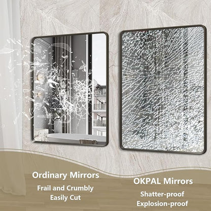 OKPAL 28X32 Inch Black Bathroom Mirror, Bathroom Vanity Mirror for Wall, Black Rectangle Mirror, Round Corner, Rustproof, HD Glass(Horizontal/Vertical)