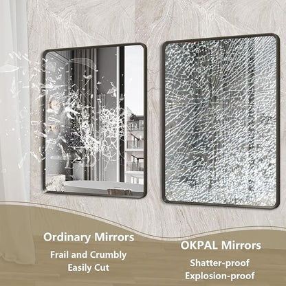 OKPAL 66X40 Inch Black Bathroom Mirror for Wall, Bathroom Vanity Frame Mirror, Matte Black Rectangle Mirror, Round Corner, Rustproof, Shatter-Proof (Horizontal/Vertical)