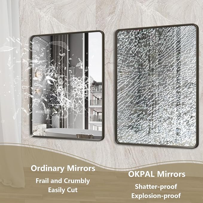 OKPAL 24x28 Black Bathroom Mirror for Wall, Black Metal Framed Bathroom Vanity Mirror, Modern Rounded Rectangle Mirror, Anti-Rust (Horizontal/Vertical)