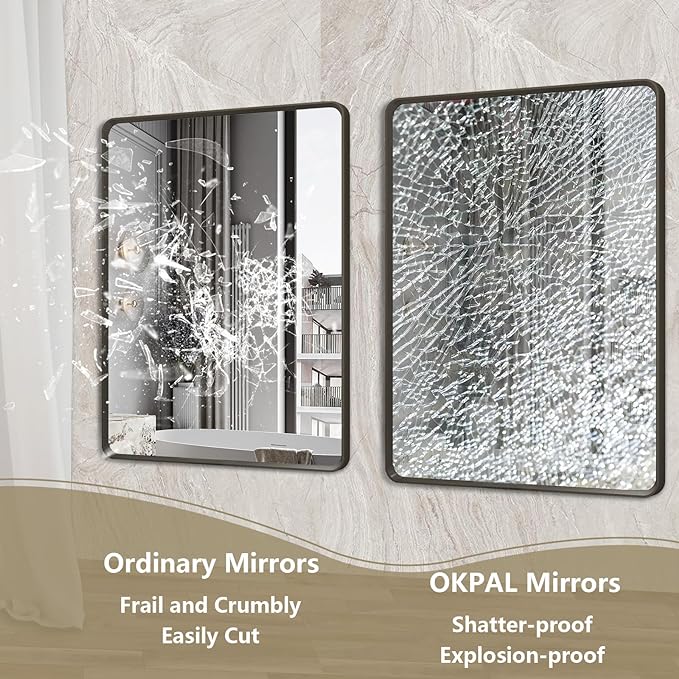 OKPAL Black Bathroom Mirror for Wall, 48X30 Inch Bathroom Vanity Mirror, Black Rectangle Frame Mirror, Matte Black Metal Bathroom Mirror, Rounded Corner, Anti-Rust, Tempered Glass