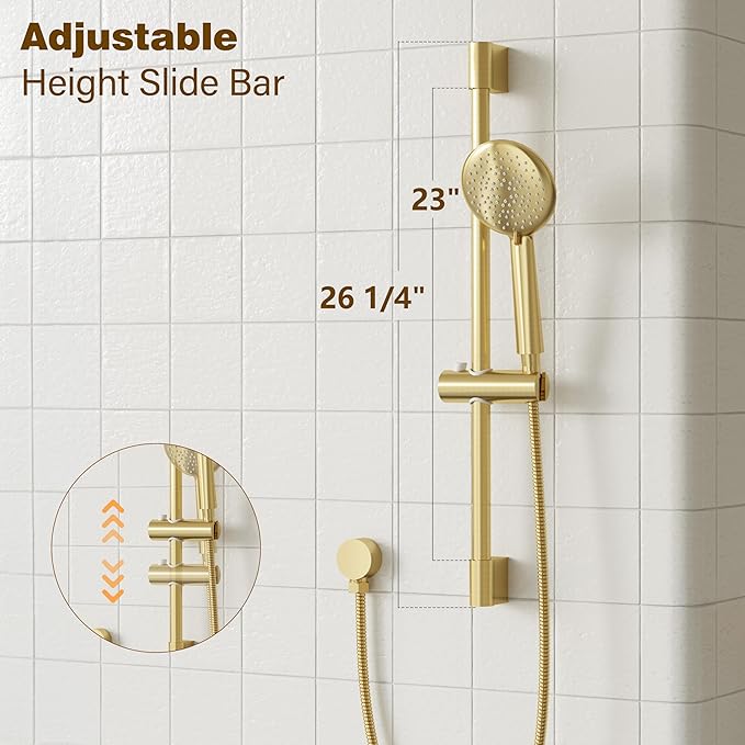 Gabrylly Shower System, High Pressure 12" Rain Shower Head with Handheld Shower, Wall Mounted Slide Bar Shower Faucet Set Complete, Shower Combo Set with Shower Valve,Brushed Gold