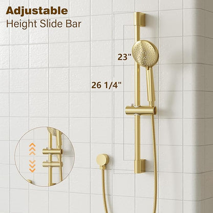 Gabrylly Shower System Gold, Slide Bar Shower Faucet Set with High Pressure 10" Rain Head and 5-Setting Handheld Spray, 2 Way Pressure Balance Valve with Trim Kit, Brushed Gold