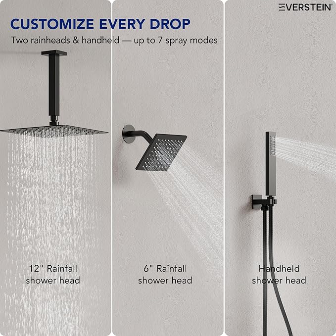 Ceiling Mount 12" High-Pressure Rainfall Shower Faucet, Dual Rainfall Shower Head System with Valve (Matte Black)