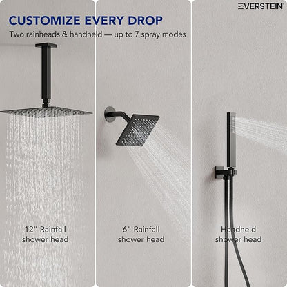 Ceiling Mount 12" High-Pressure Rainfall Shower Faucet, Dual Rainfall Shower Head System with Valve (Matte Black)