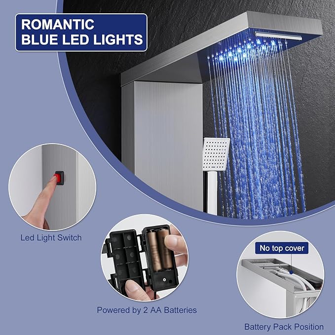 ROVATE LED Shower Panel Tower System, Rainfall Waterfall Shower Tower with Jets and Handheld, 5 in 1 Brushed Stainless Steel High Pressure Shower Column with Tub Spout