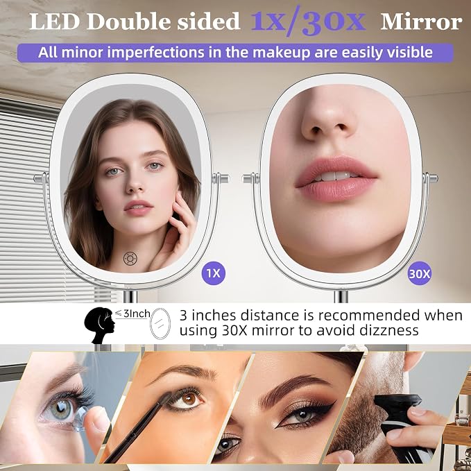 FUNTOUCH 5000mAh Rechargeable Wall Mounted Lighted Makeup Mirror, Chrome | Double Sided 30X/1X Magnifying Mirror Wall Mounted,Extended Arm 360°Rotation,Touch Dimmable,3 Color Lights for Bathroom
