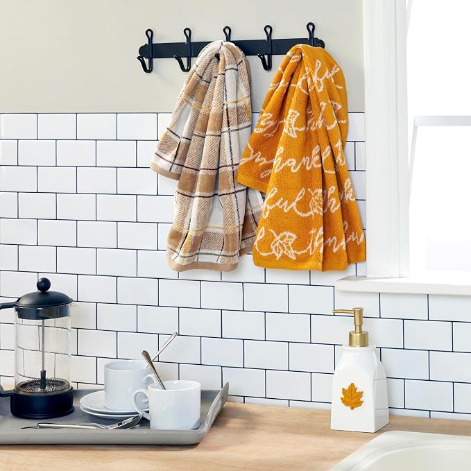 SKL Home Fall/Thanksgiving Thankful Script Hand Towel Set-2pc, Yellow | 100% Cotton. Soft & absorbent. Reversible jacquard pattern. Great for the bathroom, kitchen or bar & gifting.