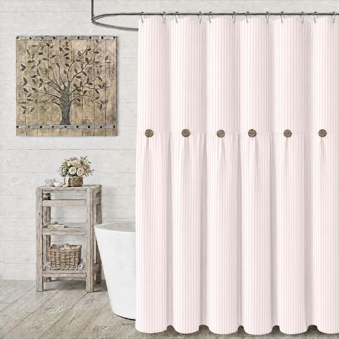 Farmhouse Shower Curtain Button Pink Stripe 72" W x 72" L | Farmhouse Style, Chic Button, Striped, Cotton Fabric, Rustic, Country, Natural Look, Washable, for Bathroom Bathtub