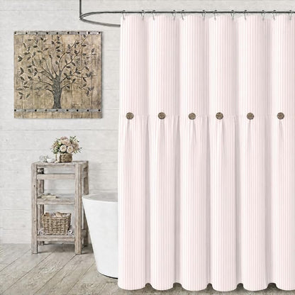 Farmhouse Shower Curtain Button Pink Stripe 72" W x 72" L | Farmhouse Style, Chic Button, Striped, Cotton Fabric, Rustic, Country, Natural Look, Washable, for Bathroom Bathtub