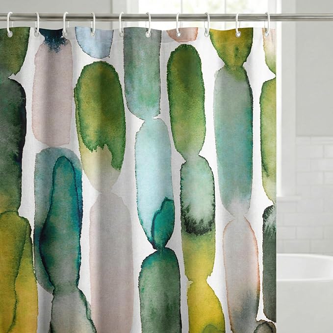 Americanflat 71x74 Oval Pattern Shower Curtain - Water-Resistant Long Shower Curtain with Metal Grommets and 12 Hooks - 100% Polyester - Olive Green, Teal, Yellow, Blush Pink, Plum and Burnt Orange