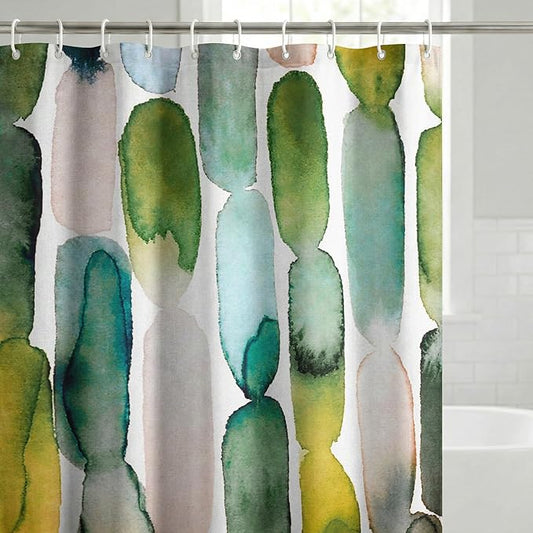 Americanflat 71x74 Oval Pattern Shower Curtain - Water-Resistant Long Shower Curtain with Metal Grommets and 12 Hooks - 100% Polyester - Olive Green, Teal, Yellow, Blush Pink, Plum and Burnt Orange