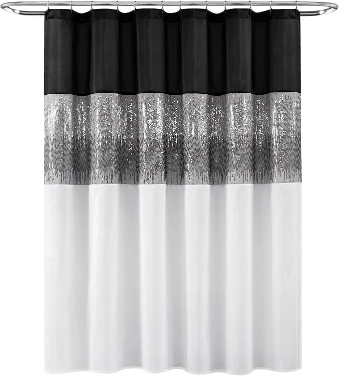 Lush Decor Night Sky Shower Curtain, Single, 72" W x 72" L, Black & White - Sequin Shower Curtain - Sparkly Color Block Bath Curtain - Modern Glam Bathroom Decor