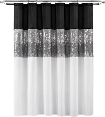 Lush Decor Night Sky Shower Curtain, Single, 72" W x 72" L, Black & White - Sequin Shower Curtain - Sparkly Color Block Bath Curtain - Modern Glam Bathroom Decor
