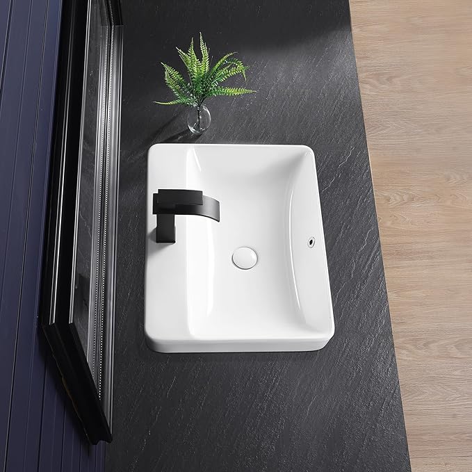Vessel Sink 23"x18" Semi Recessed Bathroom Sink Drop-in White Bathroom Sink Porcelain Ceramic Modern Rectangular Sinks Drop-in Vanity Sinks with Overflow for Bathrooms