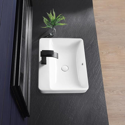 Vessel Sink 23"x18" Semi Recessed Bathroom Sink Drop-in White Bathroom Sink Porcelain Ceramic Modern Rectangular Sinks Drop-in Vanity Sinks with Overflow for Bathrooms