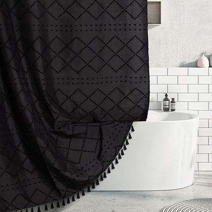Extra Long Boho Black Shower Curtain with Tassels 72 x 84, Tufted Chevron Striped Chenille Woven Fabric Cloth Shower Curtain Modern Farmhouse Minimalist, Shabby Chic Textured for Bathroom