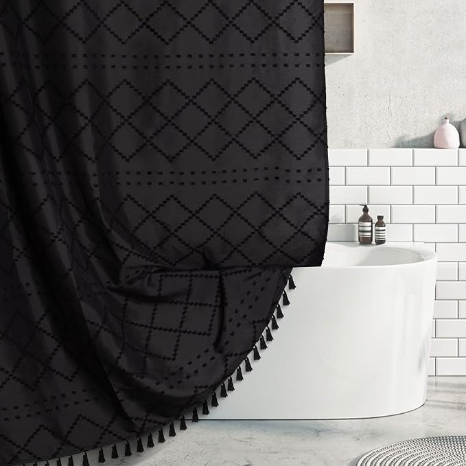 Extra Long Boho Black Shower Curtain with Tassels 72 x 84, Tufted Chevron Striped Chenille Woven Fabric Cloth Shower Curtain Modern Farmhouse Minimalist, Shabby Chic Textured for Bathroom
