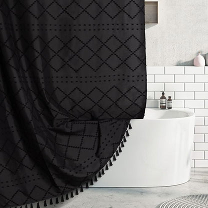 Extra Long Boho Black Shower Curtain with Tassels 72 x 84, Tufted Chevron Striped Chenille Woven Fabric Cloth Shower Curtain Modern Farmhouse Minimalist, Shabby Chic Textured for Bathroom