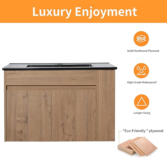30 Inch Bathroom Vanity with White Sink Combo, Wall-Mounted Bathroom Vanity 2 Door&Adjustable Shelf,Modern Floating Bathroom Cabinet with Black Top Basin & Storage Cabinet,Brown