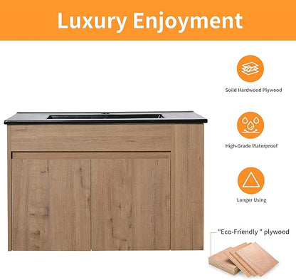 30 Inch Bathroom Vanity with White Sink Combo, Wall-Mounted Bathroom Vanity 2 Door&Adjustable Shelf,Modern Floating Bathroom Cabinet with Black Top Basin & Storage Cabinet,Brown