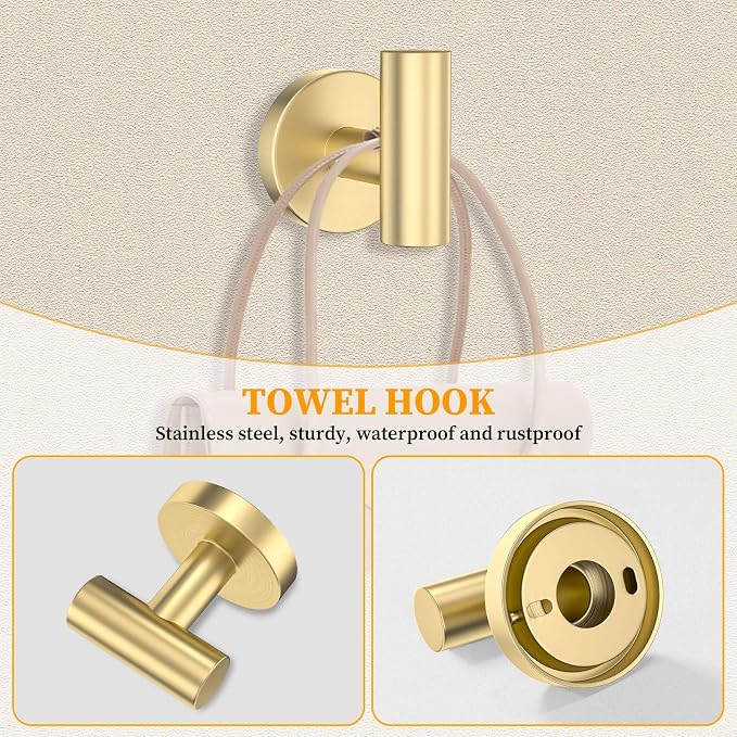 Brushed Gold Bathroom Hardware Set 6-Pieces Towel Bar Set Stainless Steel Bathroom Accessory Set 23.6 Inch Wall Mounted Towel Rack
