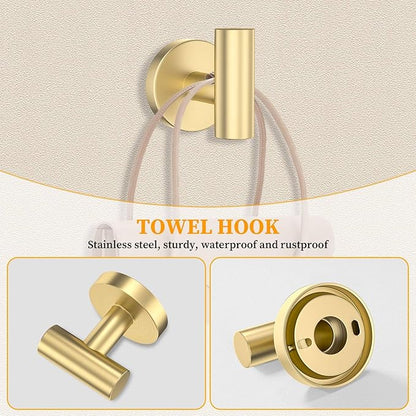 Brushed Gold Towel Bar Set 5 Pieces Round Bathroom Hardware Set Includes 23.6in Towel Bar Towel Ring Toilet Paper Holder Towel Hooks Stainless Steel Wall-Mounted Bathroom Towel Holder Set