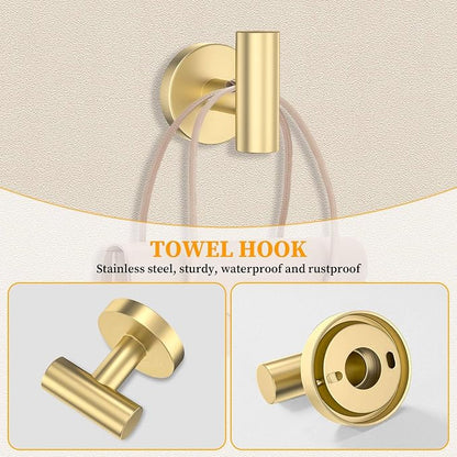 Brushed Gold Towel Bar Set 10 Pieces Round Bathroom Hardware Set Includes 23.6in Towel Bar Towel Ring Toilet Paper Holder Towel Hooks Stainless Steel Wall-Mounted Bathroom Towel Holder Set