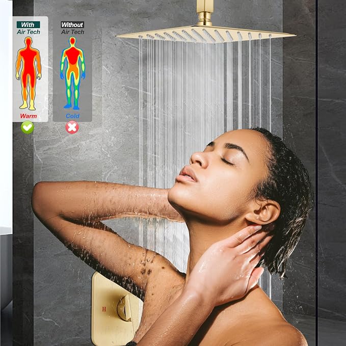 Heyalan 10-Inch Ceiling Mount Shower Faucet Set with Valve, Brushed Gold | Rainfall shower head, ceiling-mount design, SUS304 steel, adjustable angle, single-handle control