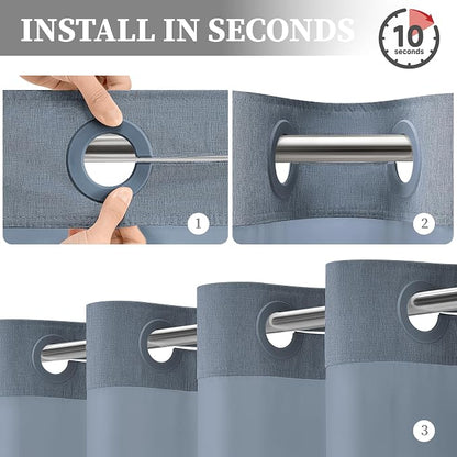 Blue Ringless Linen Textured Shower Curtain with Snap in Liner, 72x75 | 3 in 1 Hotel Shower Curtain Set, Removable Liner, Waterproof & Washable, Mesh Top Window, Durable Fabric, Easy to Install