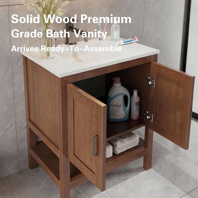 24" Natural Wood Bathroom Vanity Base Only – Freestanding Solid Wood Sink Cabinet with Open Shelf, Shaker Style Storage, No Top or Sink, 36" W x 21" D x 34.5" H