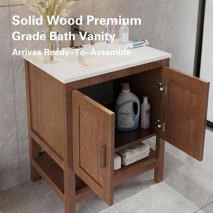 24" Natural Wood Bathroom Vanity Base Only – Freestanding Solid Wood Sink Cabinet with Open Shelf, Shaker Style Storage, No Top or Sink, 36" W x 21" D x 34.5" H