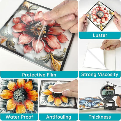 Easy Peel Stick wall Tile Stickers 6x6in Stick on backsplash Tiles,12Pcs | removable 3D tile for kitchen RV bathroom laundry backsplash decor,Ultra-high-definition printed flower pattern